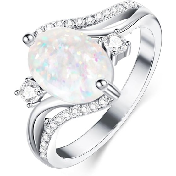 Opal Rings For Women 925 Sterling Silver White Oval Wedding Ring with Zirconia for Engagement Jewelry for Wife Her