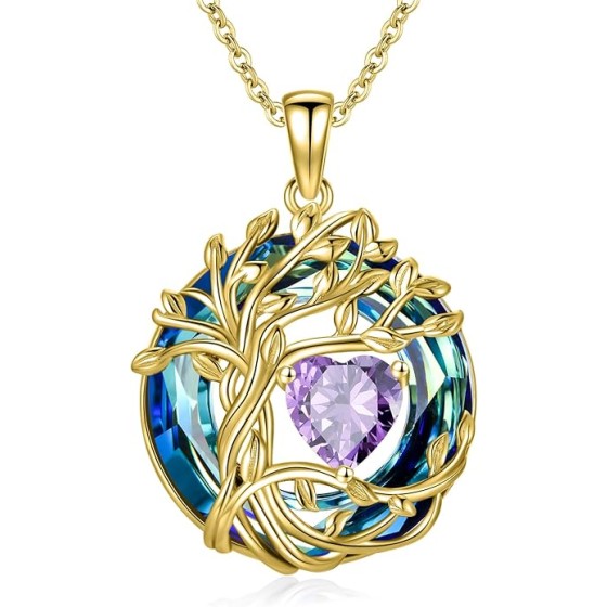 TOUPOP Tree of Life Birthstone Necklace 925 Sterling Silver Pendant Irish Celtic Austrian Crystal Jewelry Anniversary Birthday Christmas Gift for Mom Her Wife Girlfriend
