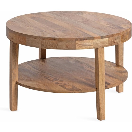 Kate and Laurel Talcott Tiered Modern Round Coffee Table, 28 x 28 x 18, Natural Wood, Transitional Two-Tier Circle Living Room Table with Storage and Mango Wood Construction