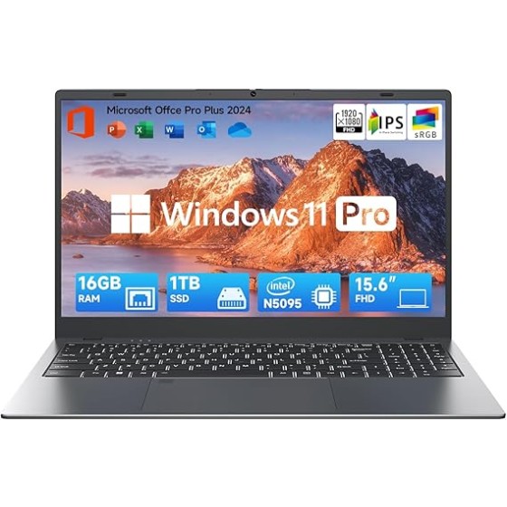 15.6 Inch Laptop-Computer with MS Office, 12th Gen Intel Quad-Core N5095, 16GB RAM 1TB SSD (Expandable to 2TB), Win 11 Laptop, Backlit, Fingerprint, Type-C, HDMI, USB3.2, BT5.0, WiFi 5G