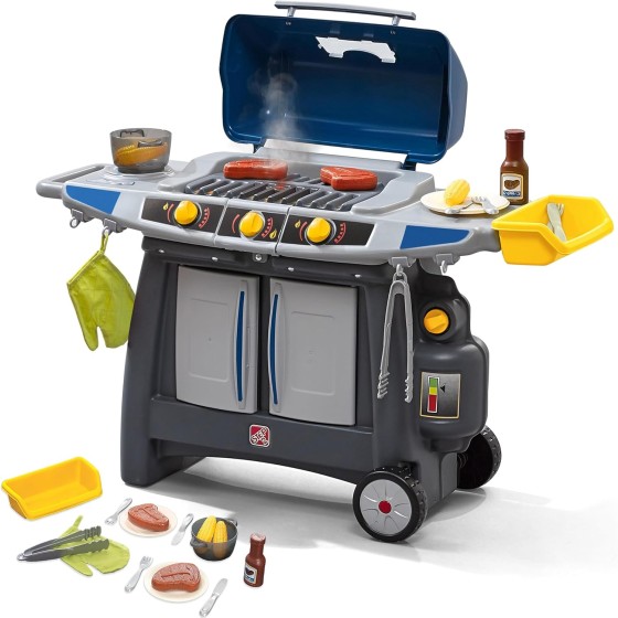 Step2 Sizzle & Smoke BBQ Grill Kids Playset, Indoor/Outdoor Kitchenette, Interactive Play with Sounds, Made of Durable Plastic, Includes 15 Piece Toy Accessories, For Toddlers 3+ Years Old