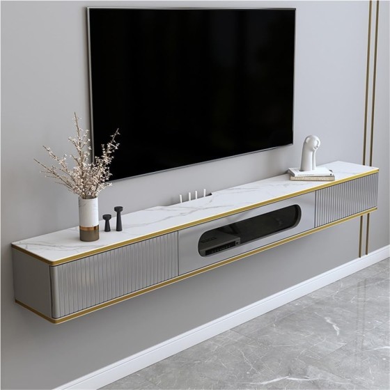 Floating Tv Stand Modern Meuble Flottant with Drawers Television Stands Solid Wood Wall Mounted Cabinet Unit，Floating TV Stand Shelf, Floating TV Cabinet for Wall with Glass Door and 2 Drawe