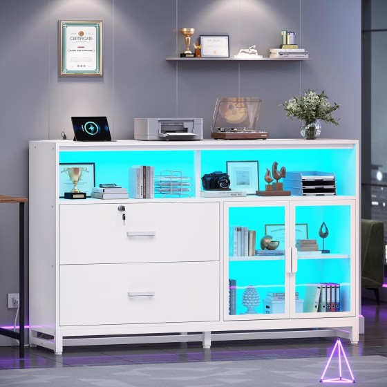 SEDETA 59" File Cabinet, 2 Drawers Filing Cabinets for Home Office fit Legal/Letter/A4 File, File Cabinet with Lock & Power Outlets, Printer Stand with Storage & LED Lights, White