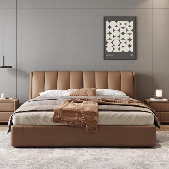 OUDINI Queen Bed Frame Double Leather Bed Modern Storage Platform Bed Frame Wooden Slat Support No Box Spring Needed