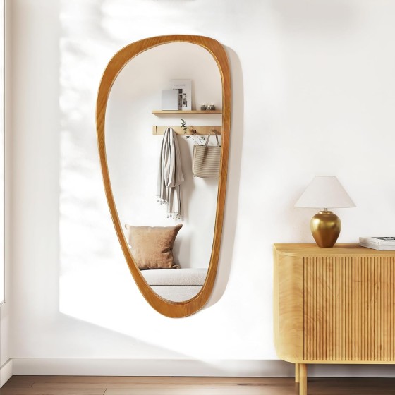 48"x 24" Boho Asymmetrical Wall Mirror, Irregular Solid Wood Frame, Decorative Accent Mirror for Entryway, Living Room, Bathroom