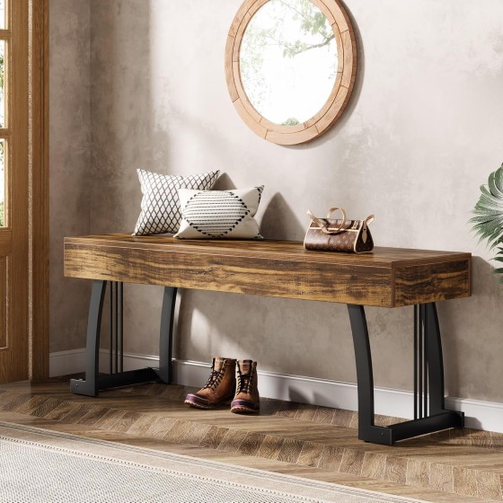 Tribesigns Wooden Entryway Bench, 47.24" Rustic Indoor End of Bed Bench with Sturdy Metal Legs, Long Dining Seat for Dining Room, Bedroom, Entry, Mudroom
