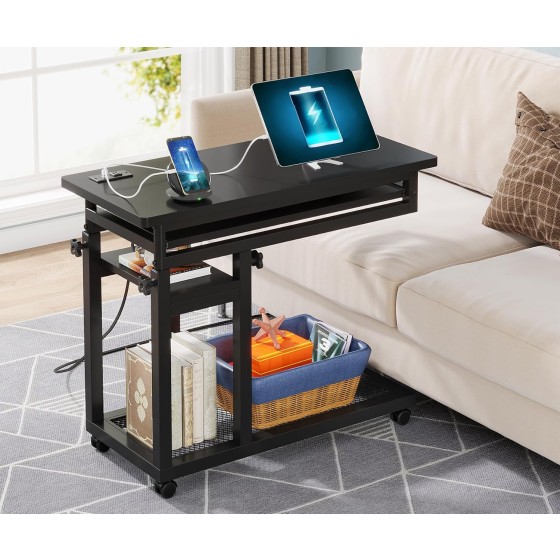 Tribesigns Small Portable Desk with Power Outlet, Height Adjustable Sofa Couch Bedside Laptop Table with Wheels, Mobile Standing Desk Rolling Computer Cart C Side Table with USB Ports