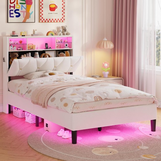 Twin Bed Frames with Storage Headboard, Power Outlet, Velvet Upholstered Platform Bed for Kids, LED Bed Frame Twin with 5 Storage Shelves, No Box Spring Needed, Creamy White